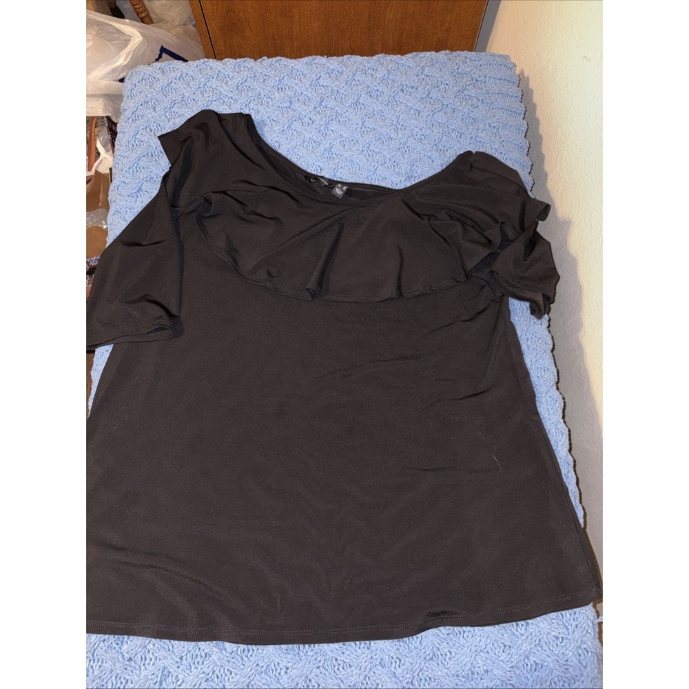 H BY HALSTON Size L Jet Set Jersey Ruffle One-Shoulder Top Black